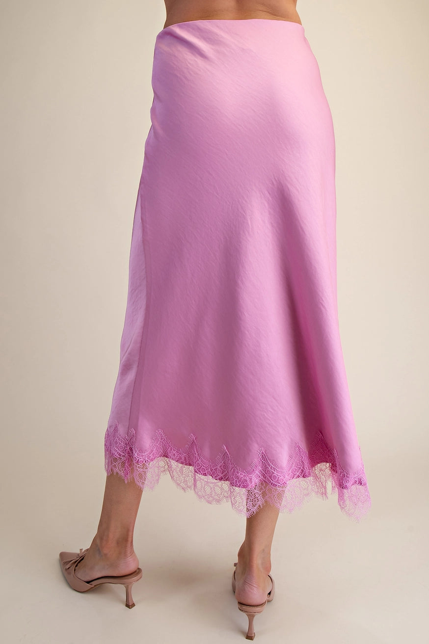 Lace Satin Effect Midi Skirt - Pink