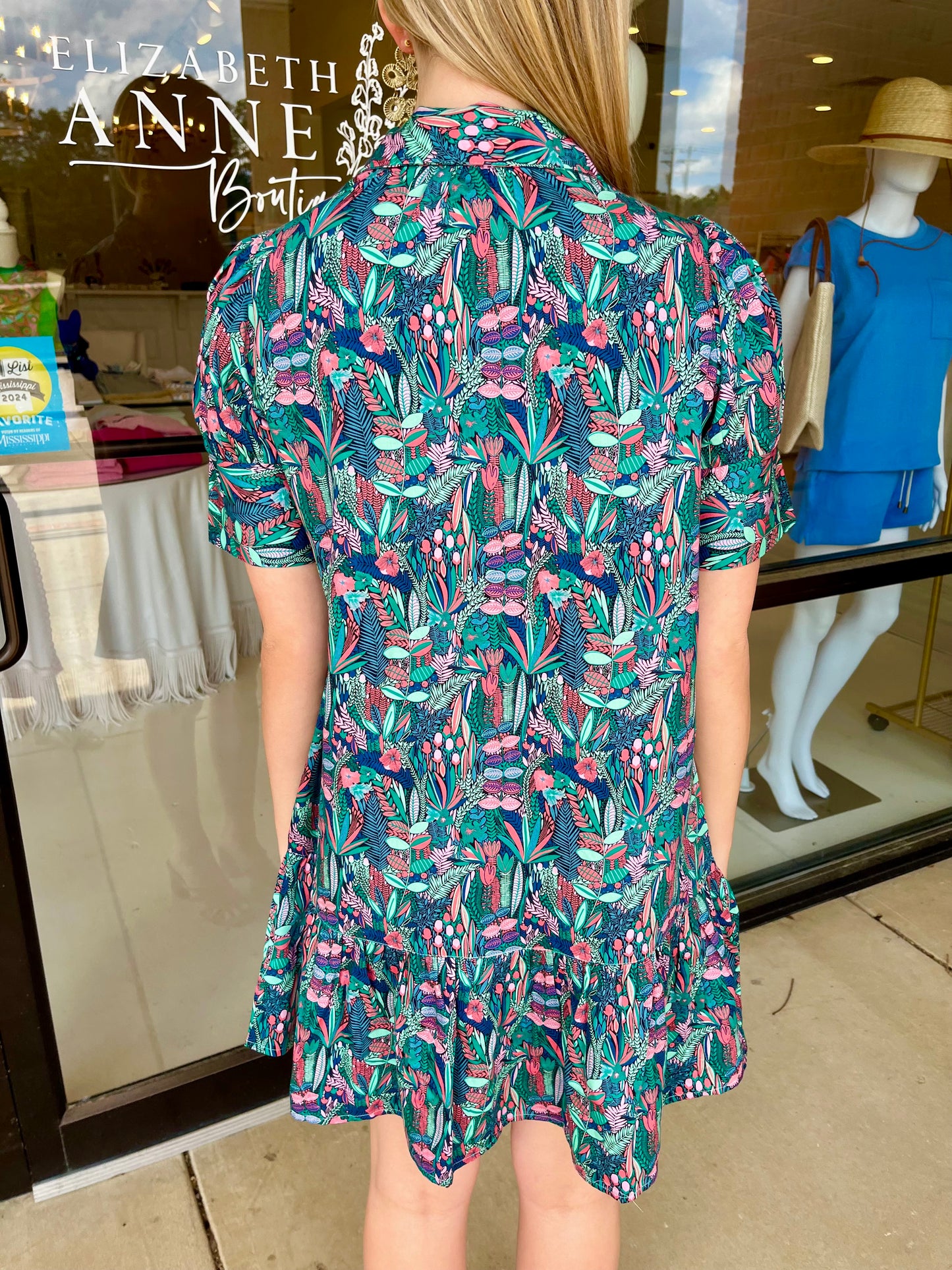 Never A Wallflower Everything Short Sleeve Dress with Ruffle - April Flowers Dark