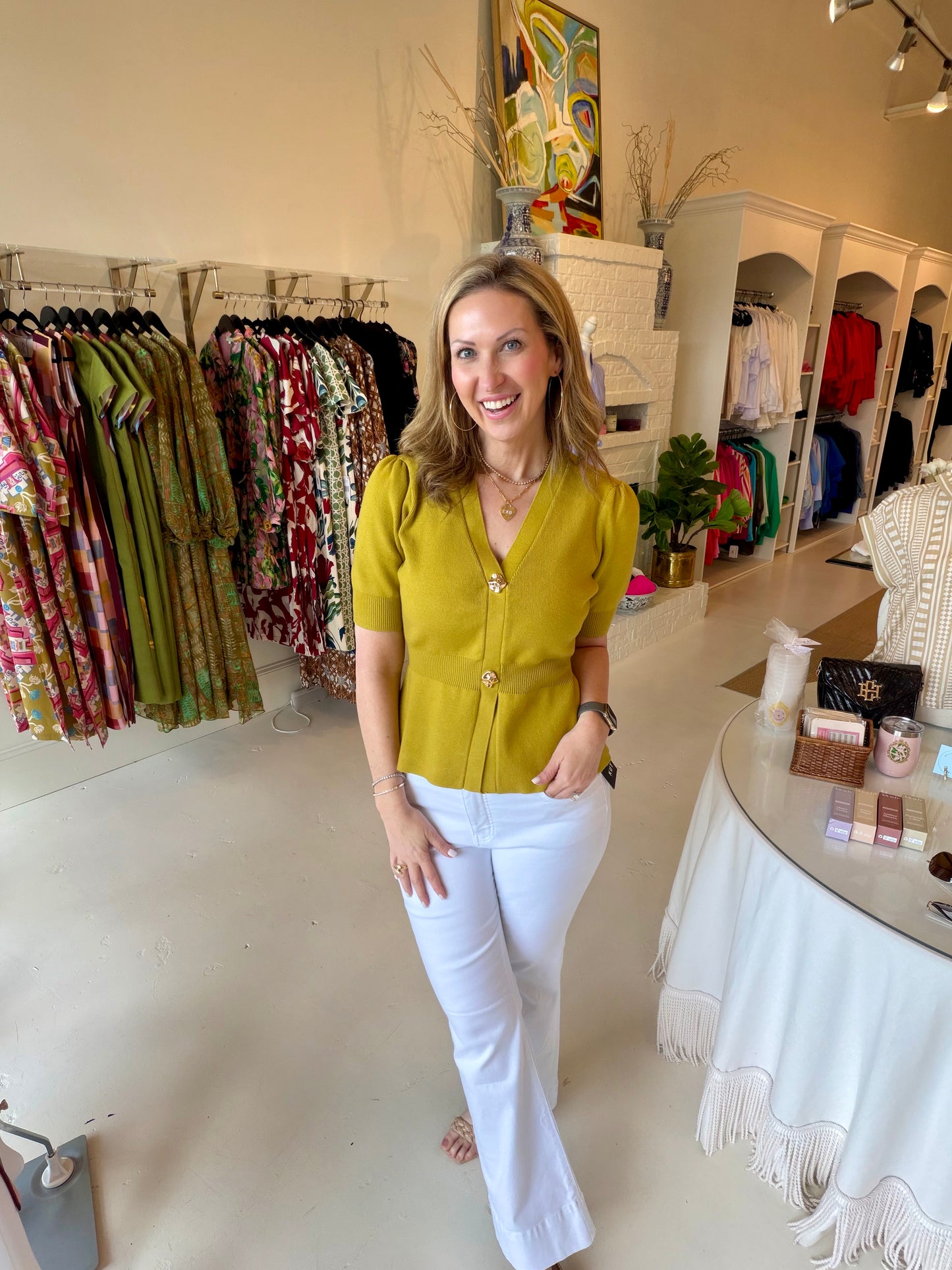 Ribbed Short Sleeve Cardigan w/ Gold Buttons - Chartreuse