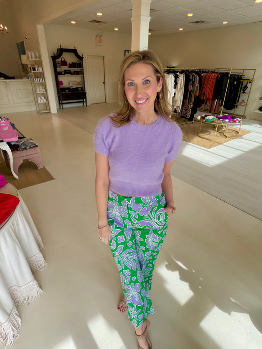 Jade Front Stitch Ankle Pant - Green Floral print