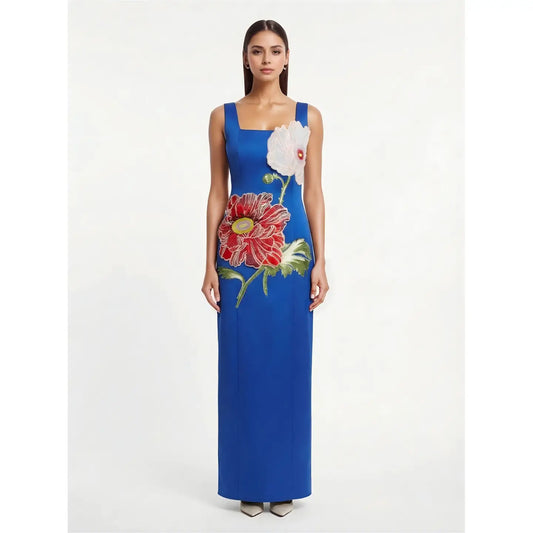 Embroidered Floral Square Neck Maxi - Blue