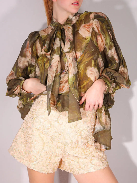 Floral Bowtie Neck Chiffon Blouse