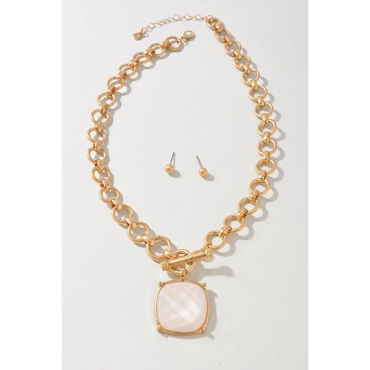 Faceted Stone Toggle Clasp Necklace Earring Set - Snow