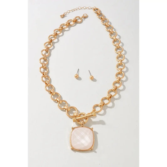 Faceted Stone Toggle Clasp Necklace Earring Set - Snow