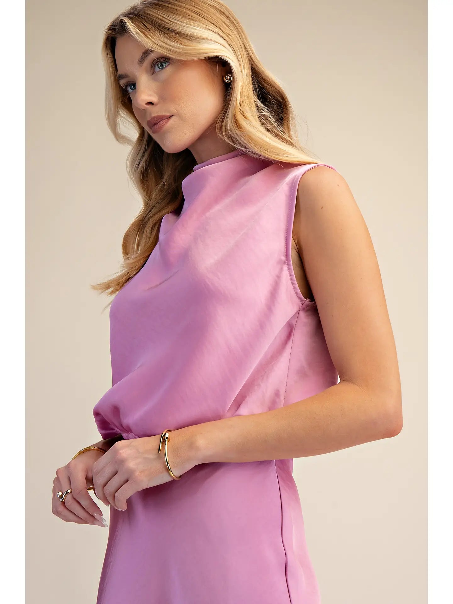 Draping High-Neck Sleeveless Top - Pink