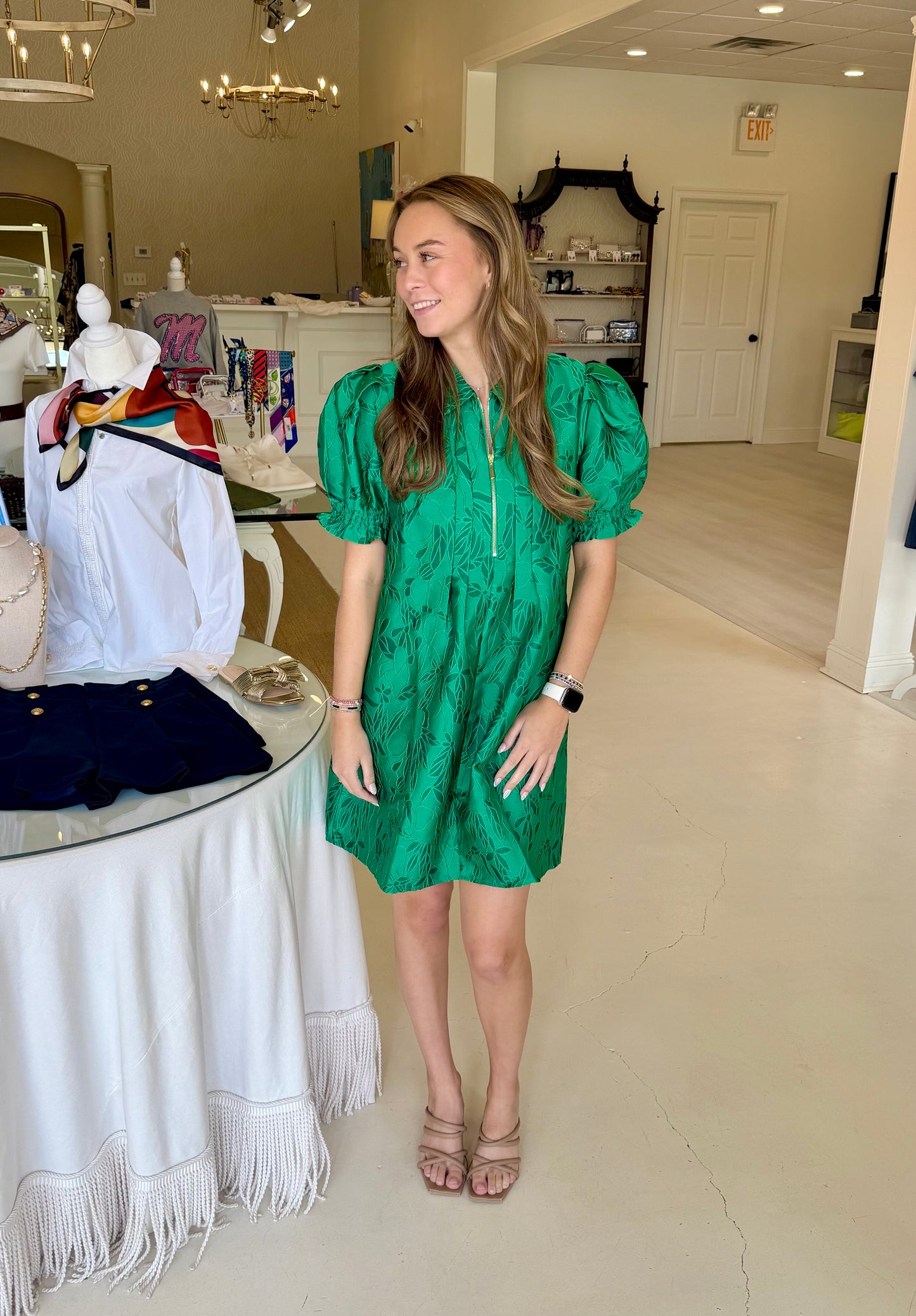 Jade Front Zip Darts Dress - Emerald Stitch Brocade