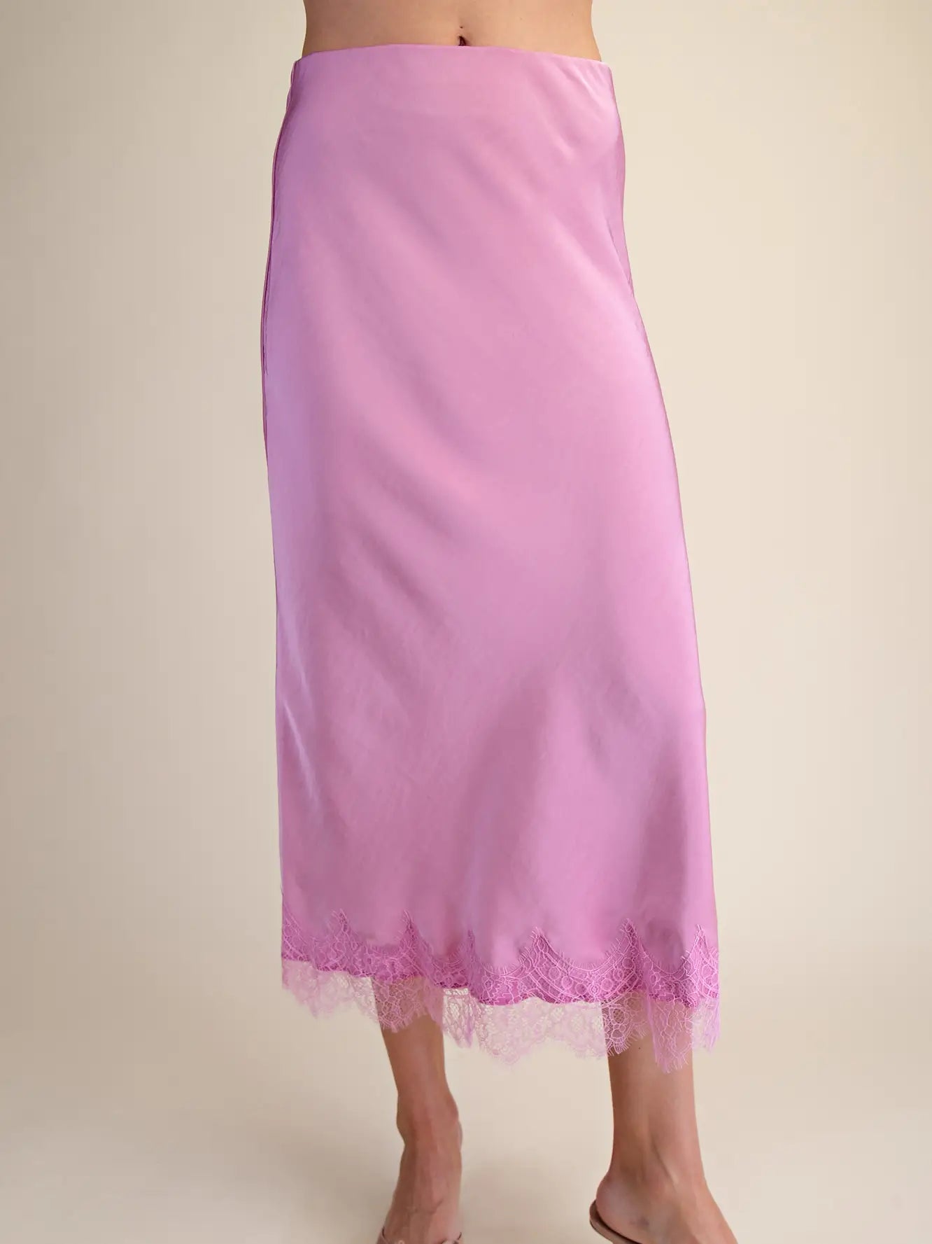 Lace Satin Effect Midi Skirt - Pink