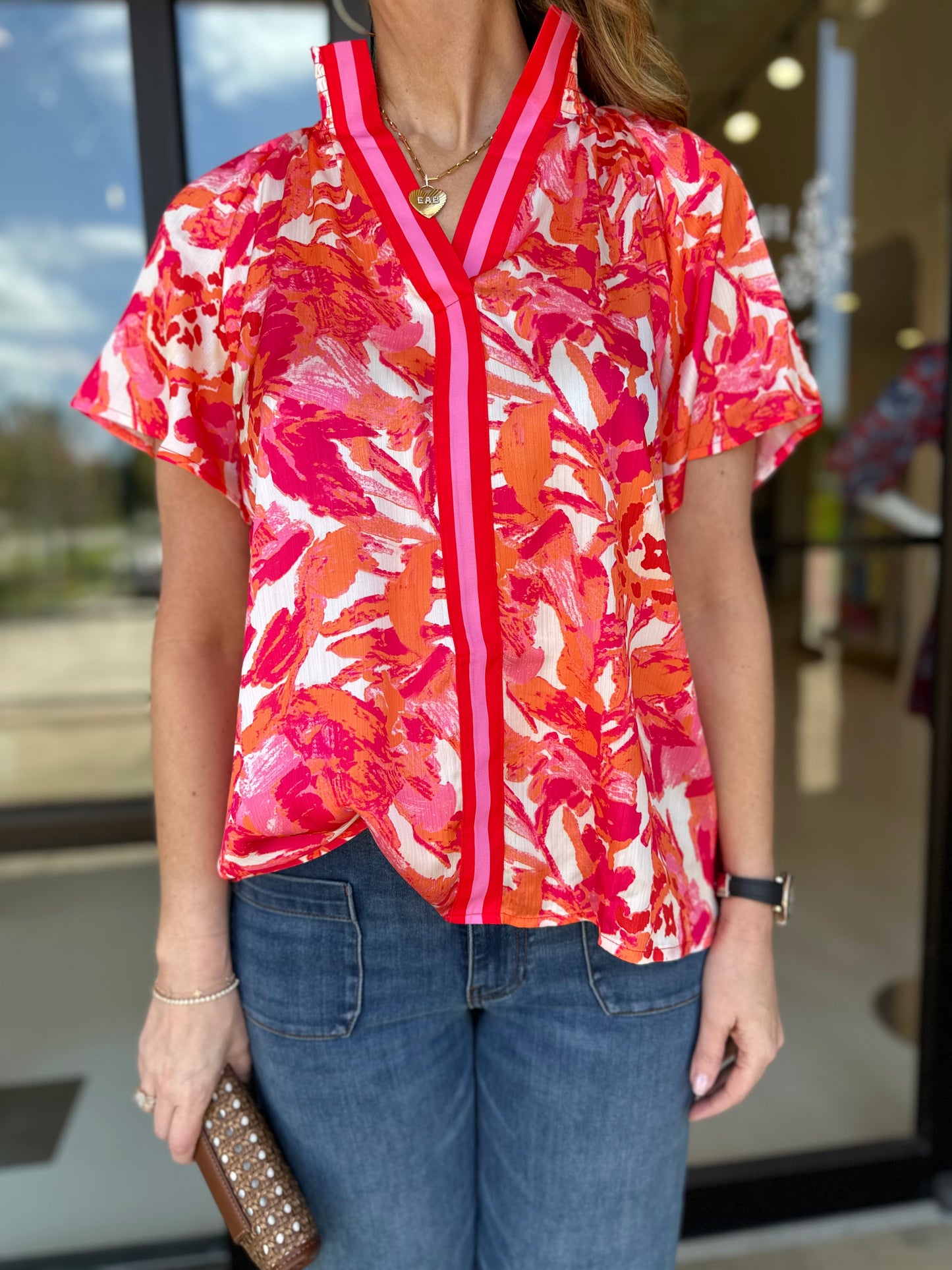 EAB Favorites Abstract Striped Split Neck Blouse