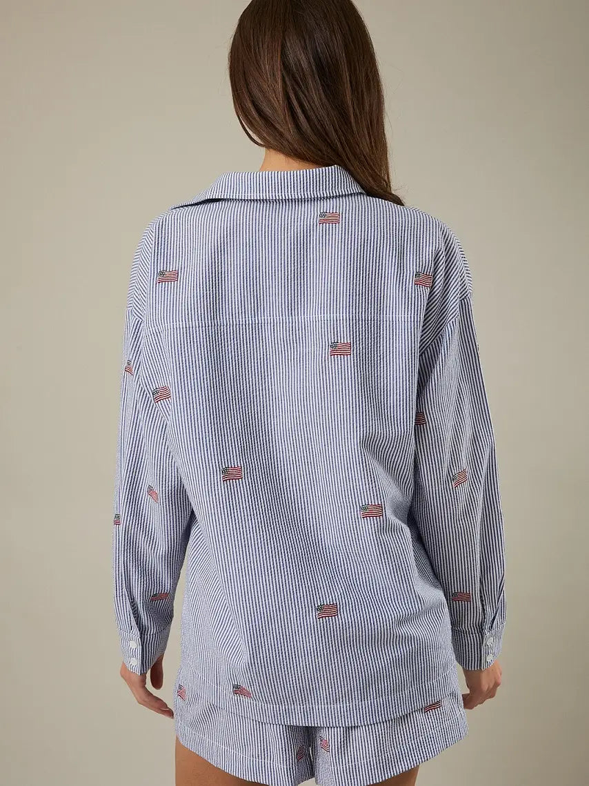 Stripe Flag Embroidered Oversized Button Down Shirt