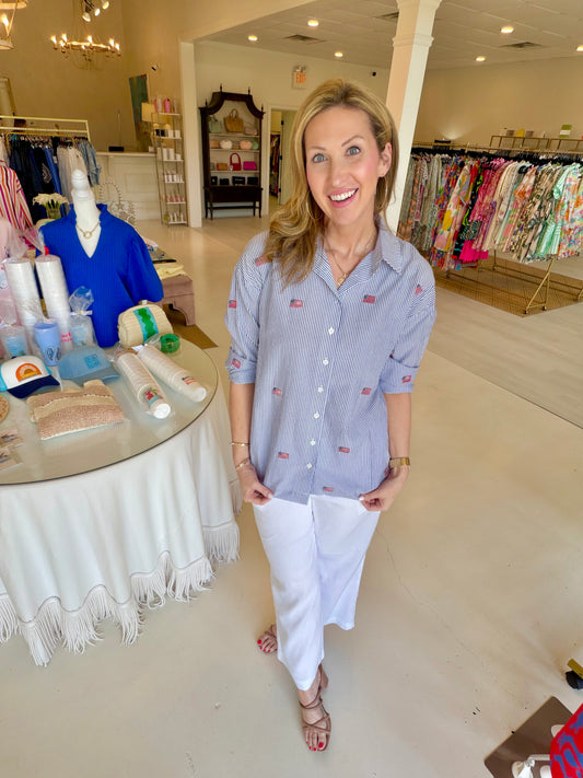 Stripe Flag Embroidered Oversized Button Down Shirt
