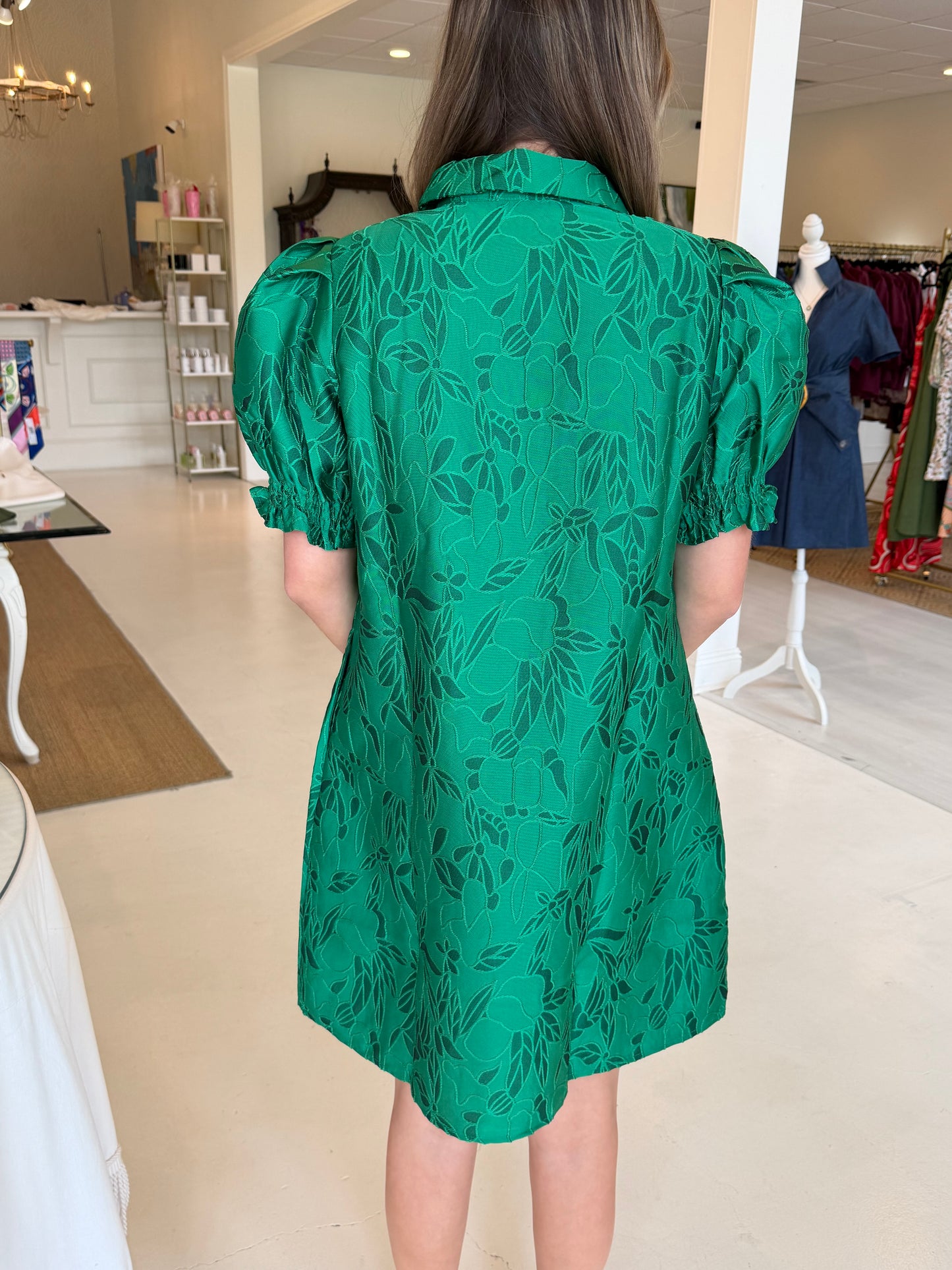 Jade Front Zip Darts Dress - Emerald Stitch Brocade