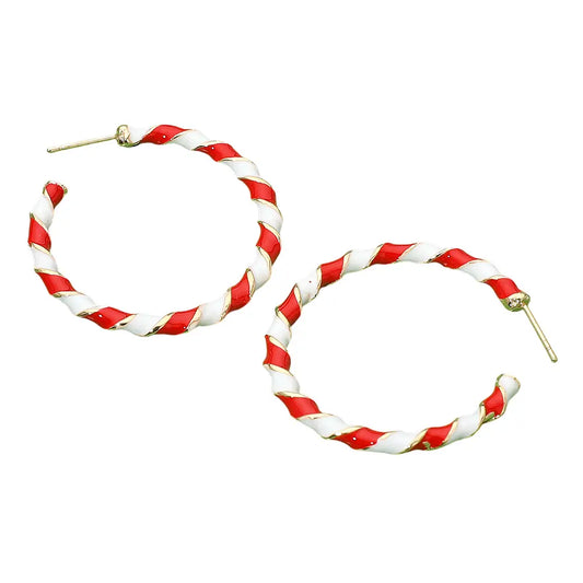 Twisted Candy Cane Hoop Earrings - Red & White