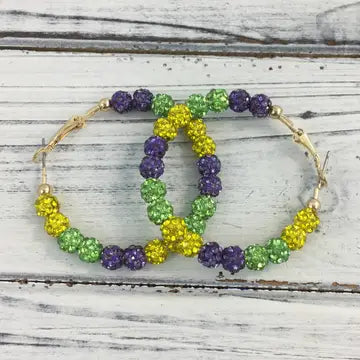 Mardi Gras Rhinestone Ball Hoop Earrings