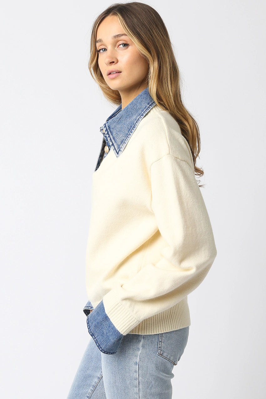 Emely Contrast Knit Top - Ivory Light Denim
