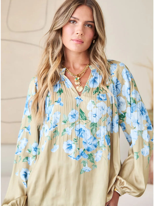 Floral Printed Pleated Blouse - Light Olive Blue