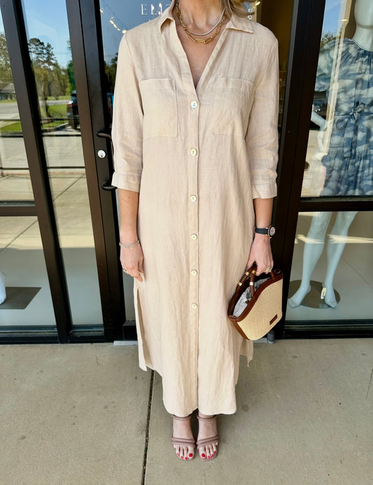 Esqualo Long Linen Dress- Sand