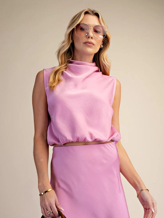 Draping High-Neck Sleeveless Top - Pink