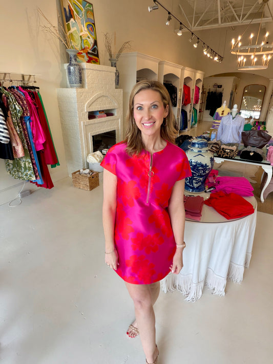 Jade Zipper Shift Dress - Hibiscus Brocade