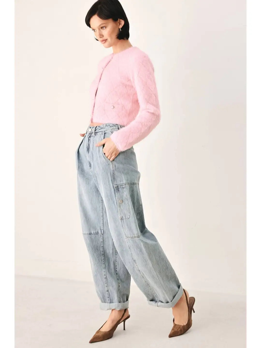 Solid Sweater Knit Cropped Cardigan - Pink