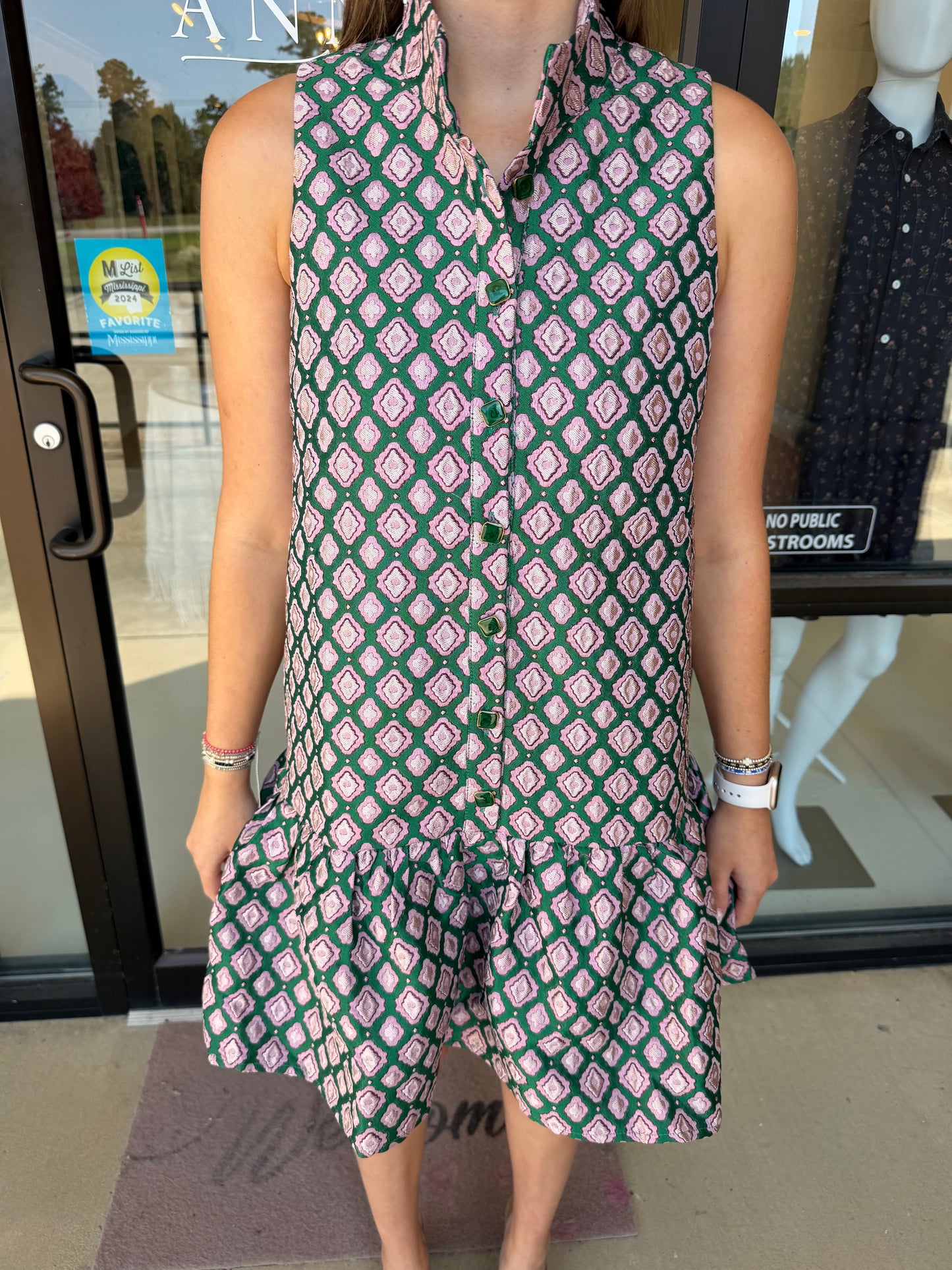 Joy Joy High Neck Trim Dress - Pink Trellis