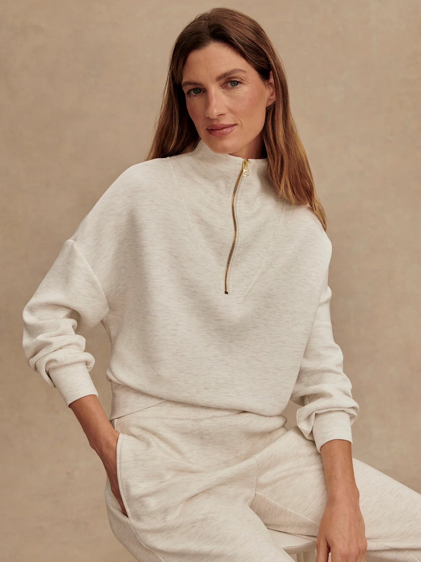 Varley Hawley Half Zip Sweat - Ivory Marl