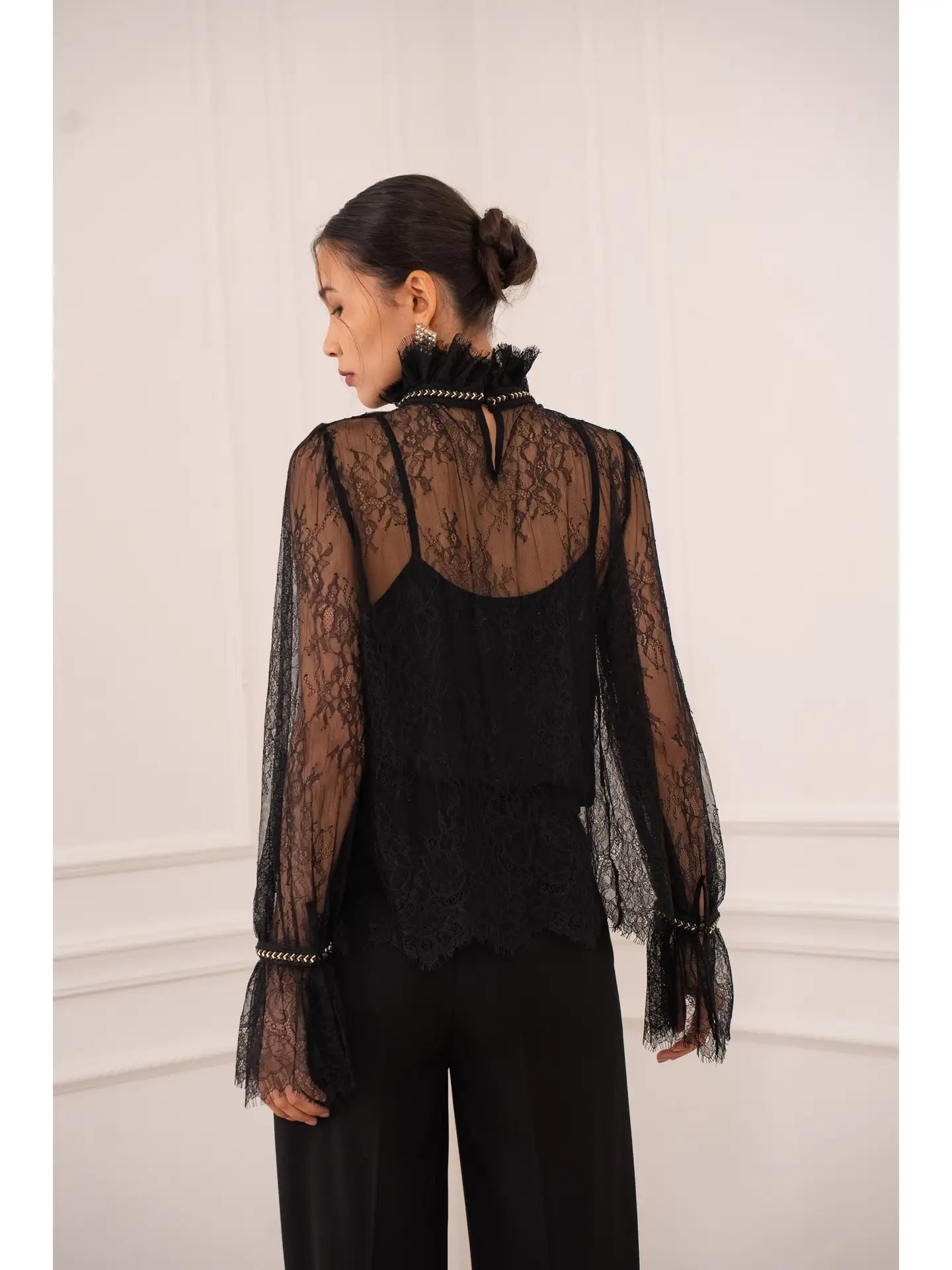 Gold Rhinestone Lace Blouse - Black