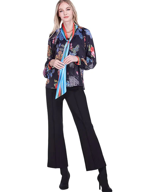 Jade V-Neck Buttons Tie Blouse - Midnight Garden