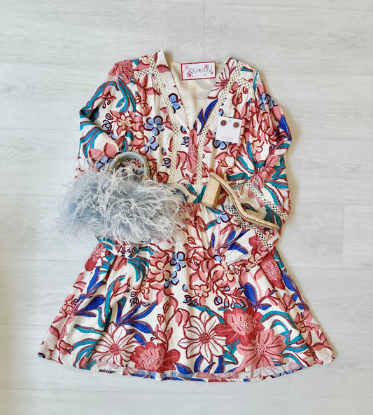 Joy Joy Trimmed Cinched Waist Dress - Floral Patch