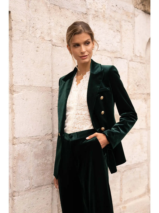 Double-Breasted Velvet Blazer w/ Gold Buttons - Green