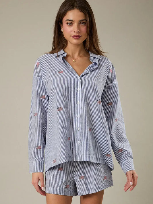 Stripe Flag Embroidered Oversized Button Down Shirt