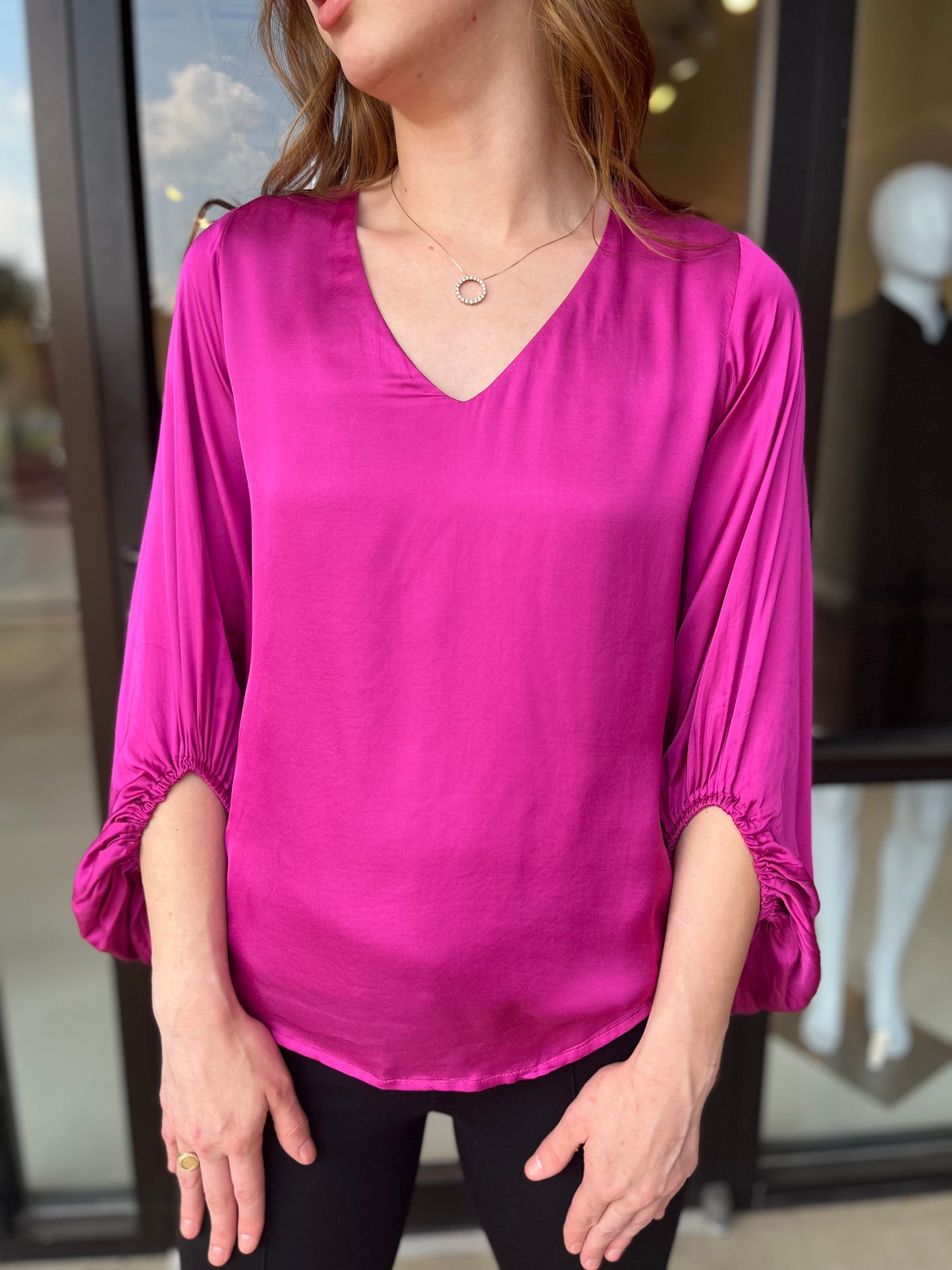 Esqualo Satin V-Neck Blouse- Fuchsia