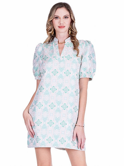 Antique Jacquard Collar V-Neck Dress
