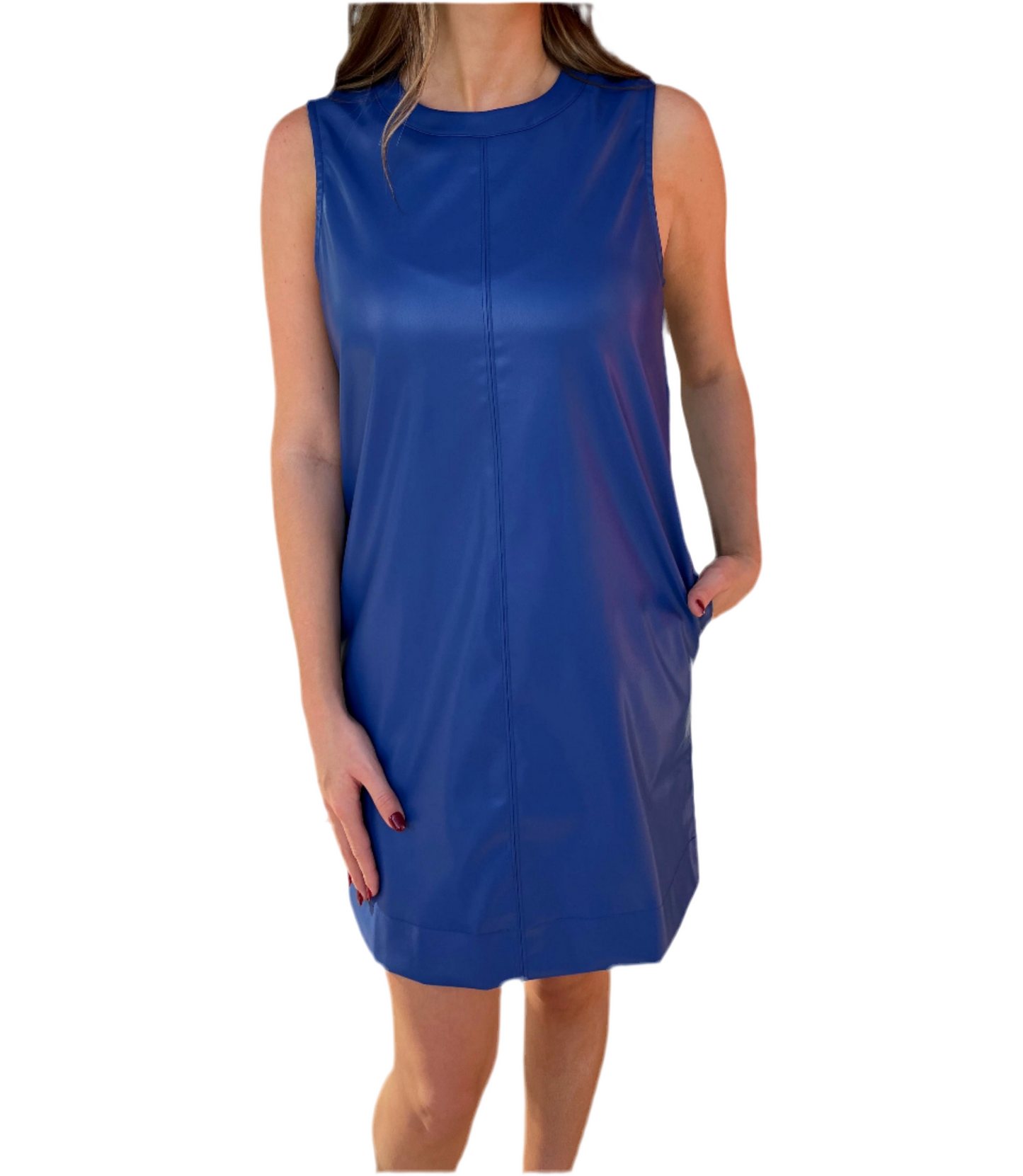 Joy Joy Sleeveless Faux Leather Dress- Royal Blue