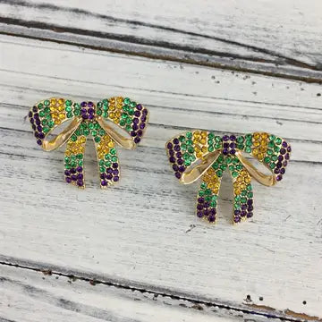 Mardi Gras Rhinestone Bow Post Earrings
