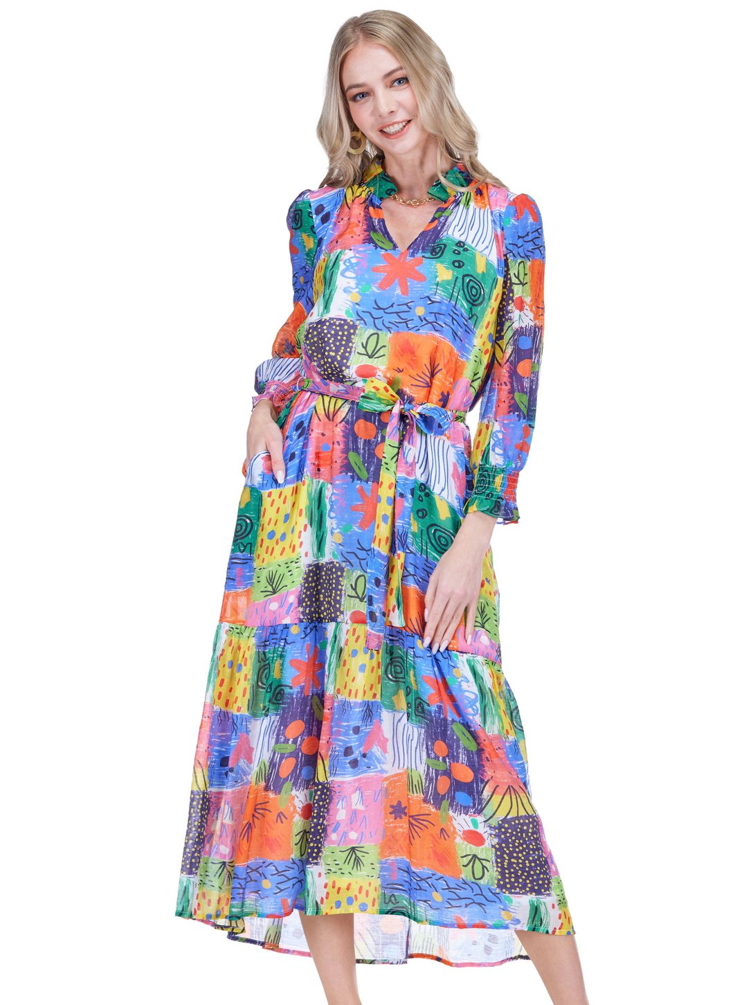 Joy Joy Split Neck Maxi - Painted Patchwork
