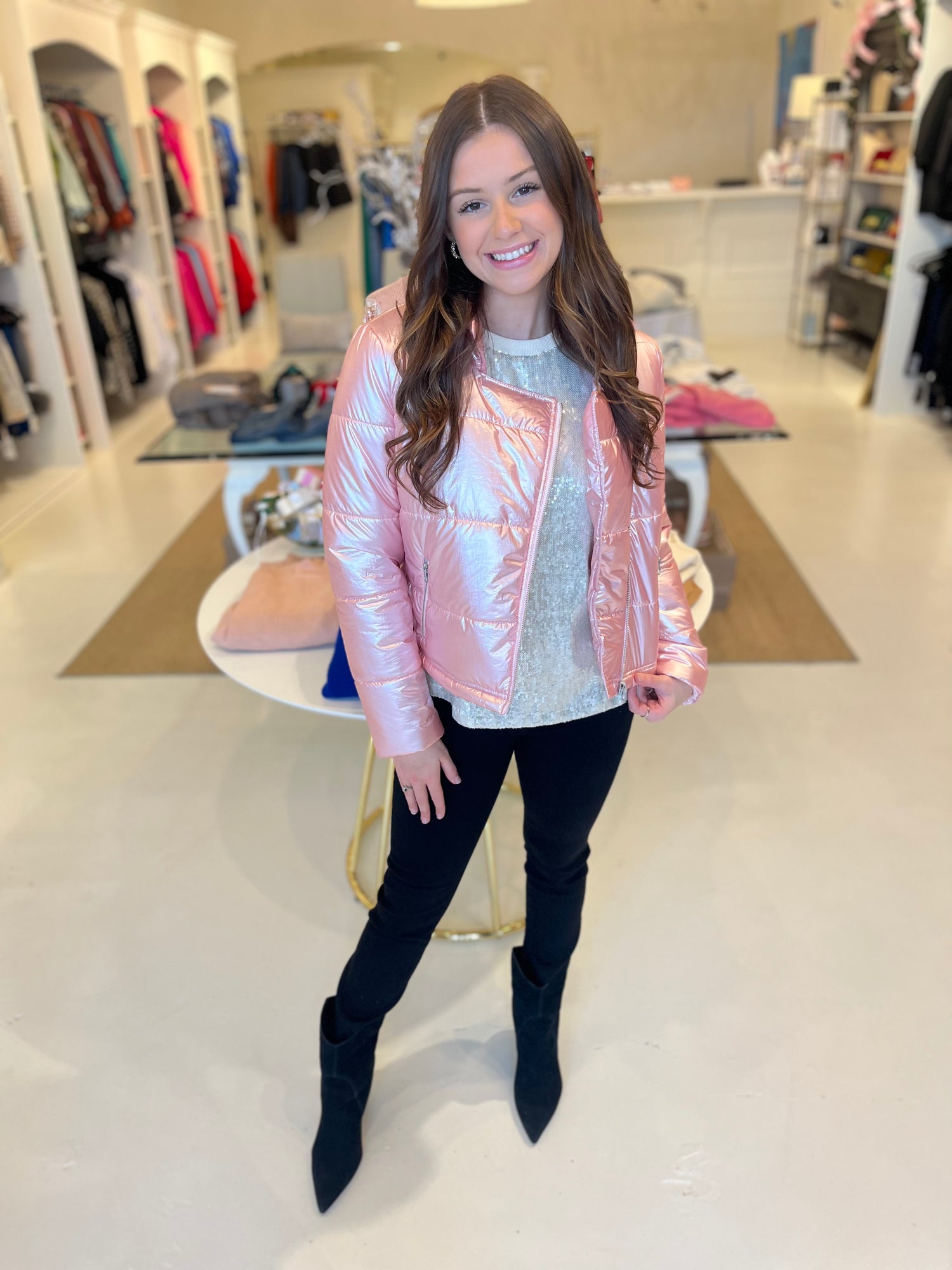 J. Society Pink Metallic Puffer Jacket Elizabeth Anne Boutique