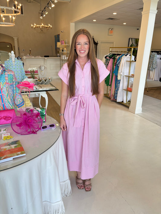 Jade Placket Midi Shirtdress - Pink Stripe