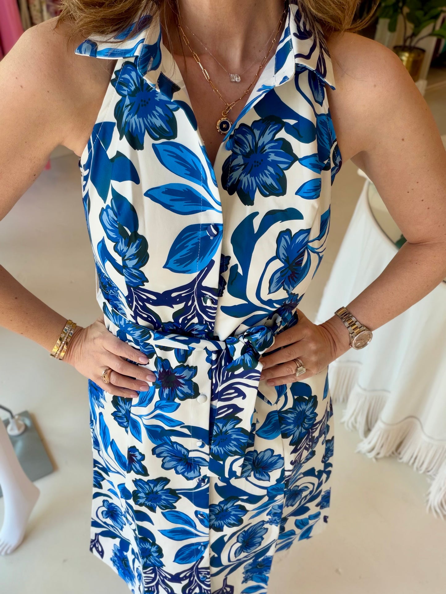 Jade Azure Petals Fitted Collared Shirt Dress