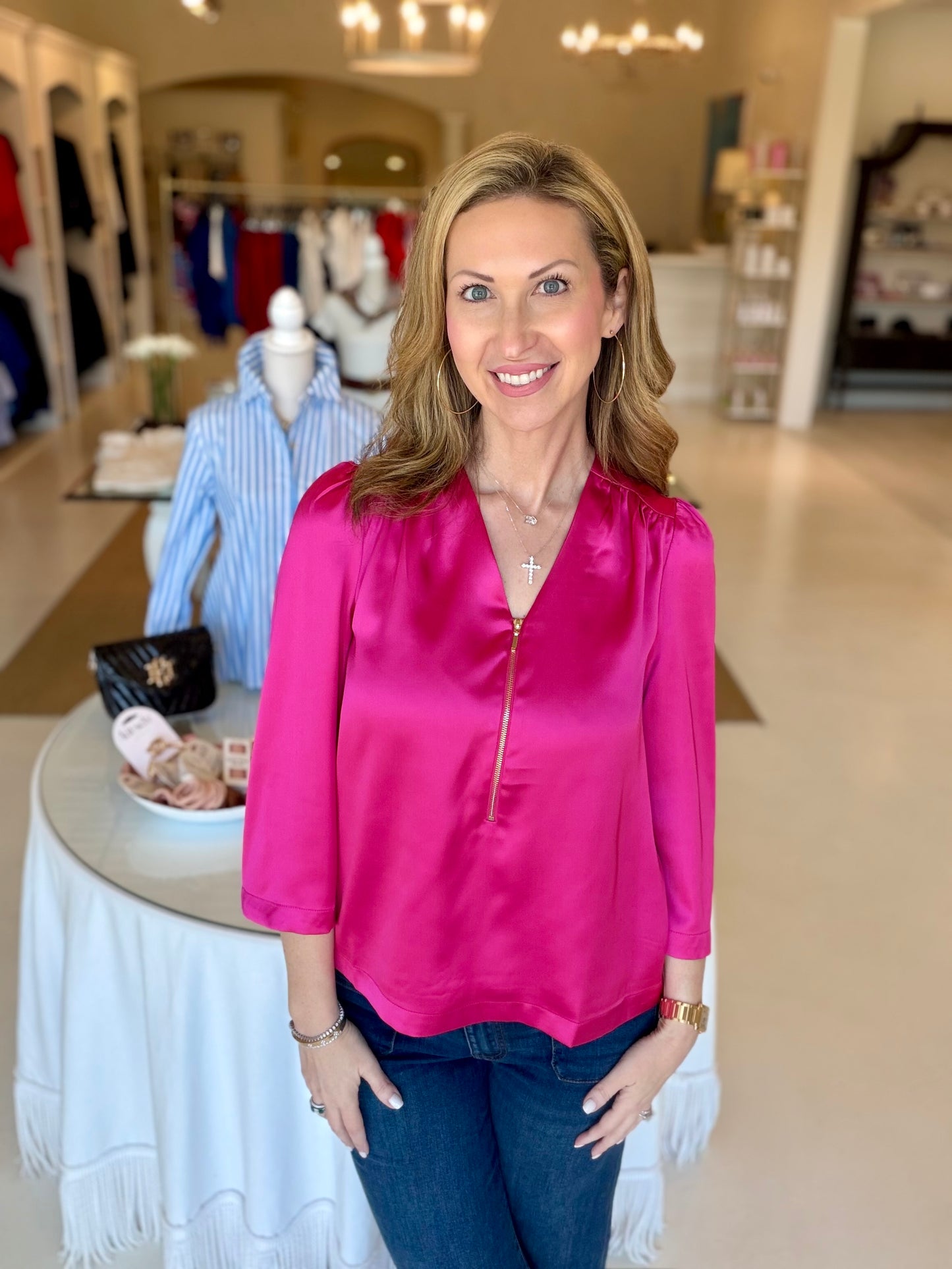 Jade V-Neck Zipper Blouse - Berry