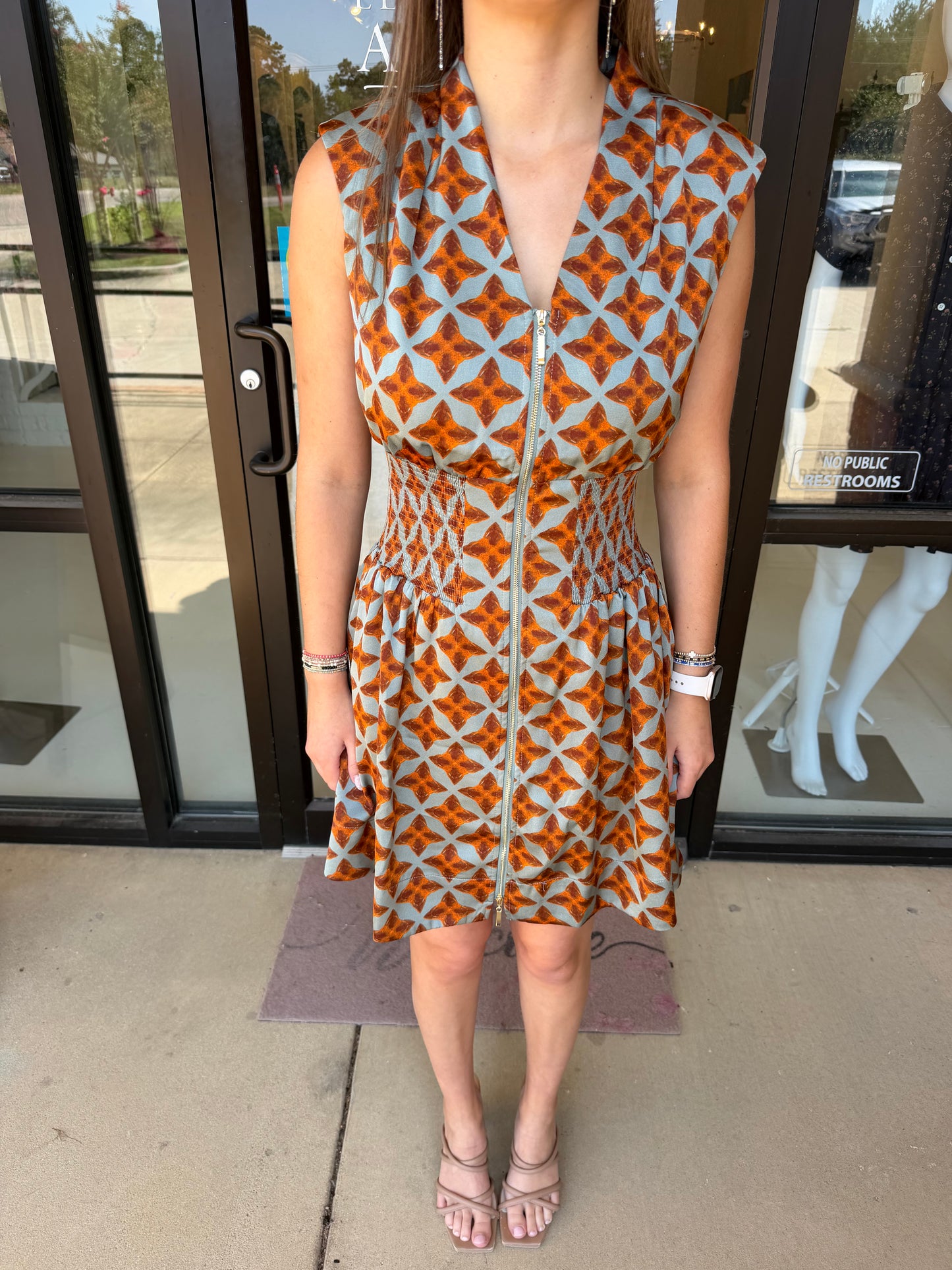 Joy Joy Elastic Waist Zip Dress - Copper Tile