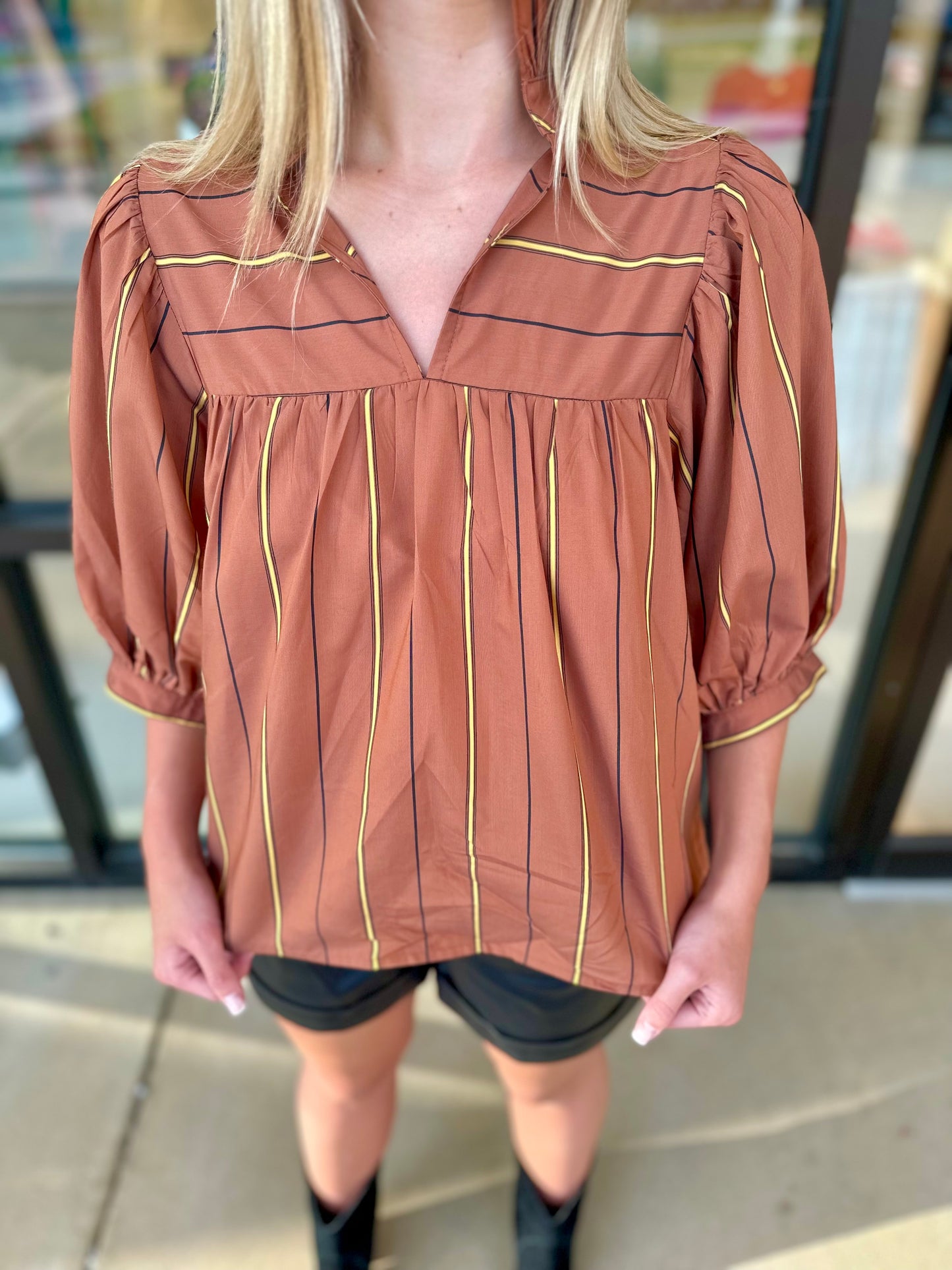 Jade High Neck Puff Sleeve Top-Brown Stripes