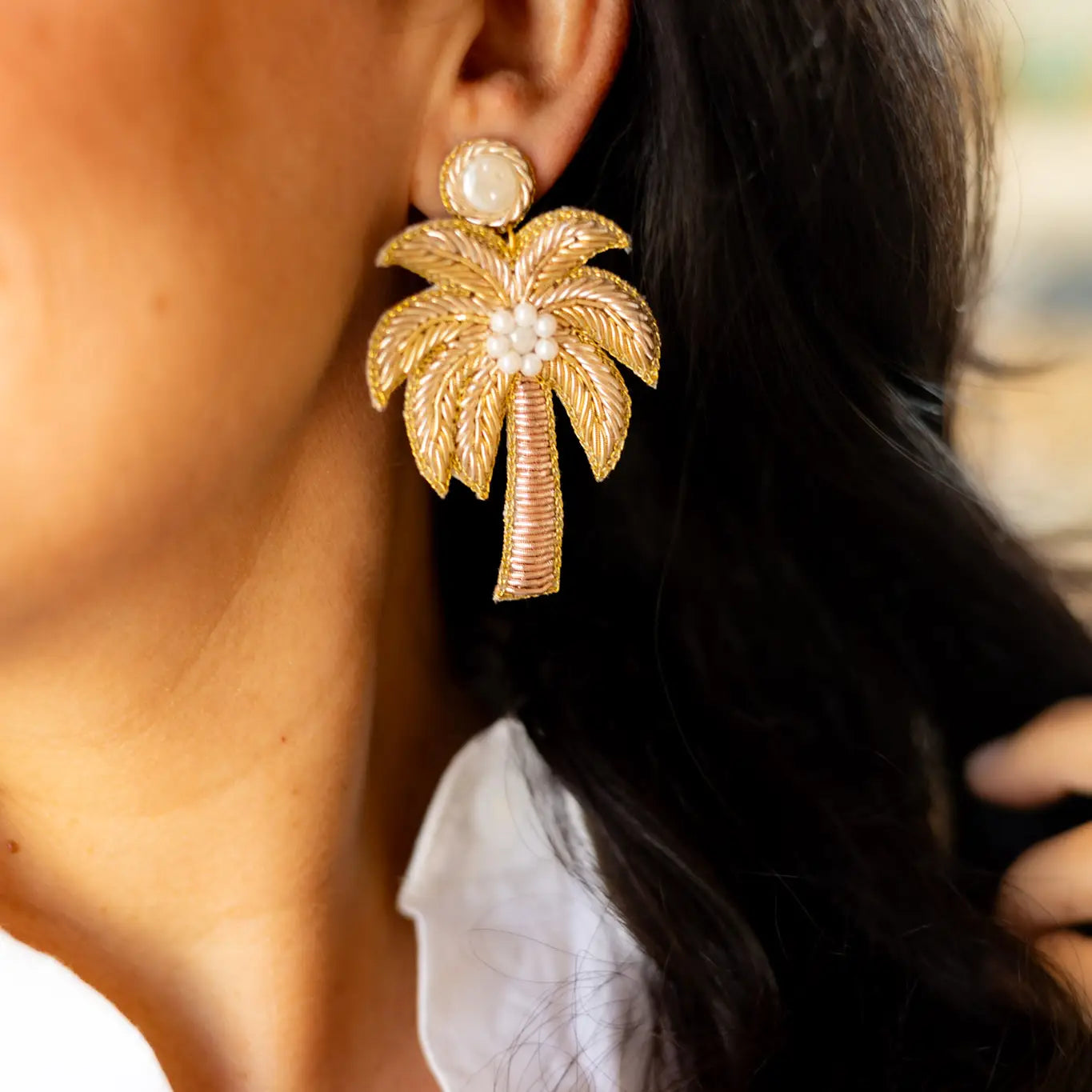 Gold Palm Tree Beaded Earrings