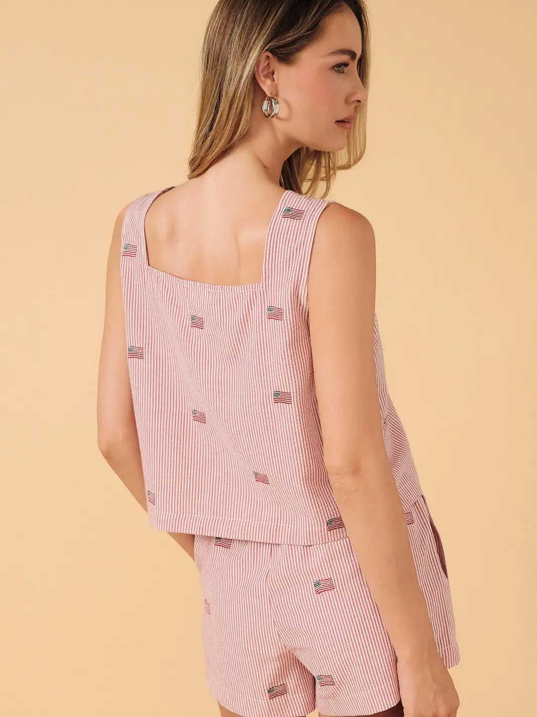 Square-Neck Stripe Flag Embroidered Top