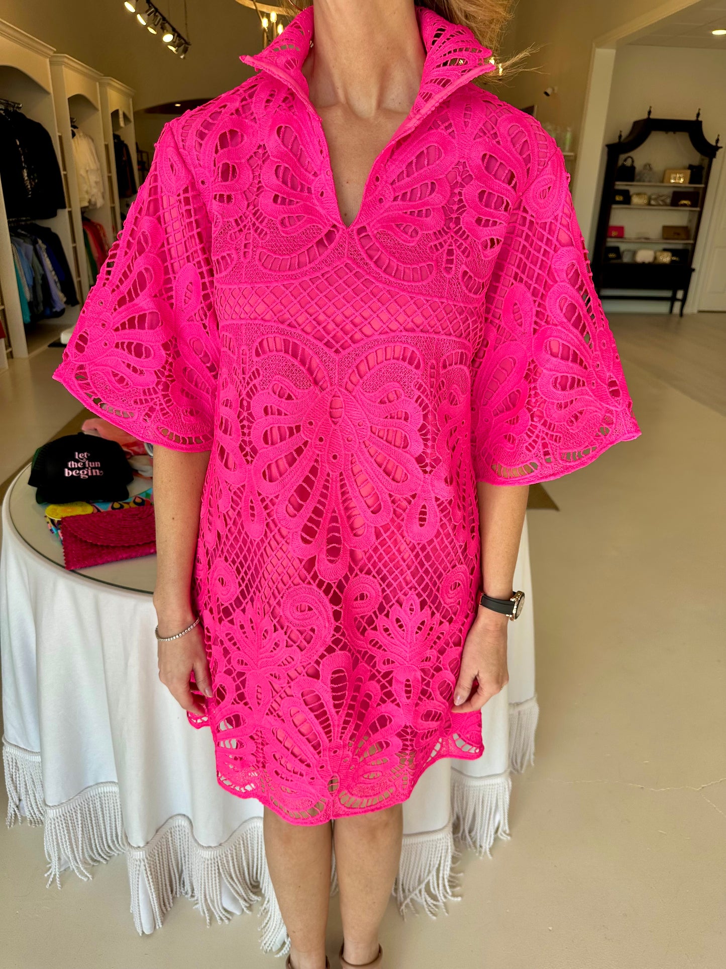 Jade High Neck Tunic Dress-Pink Lace