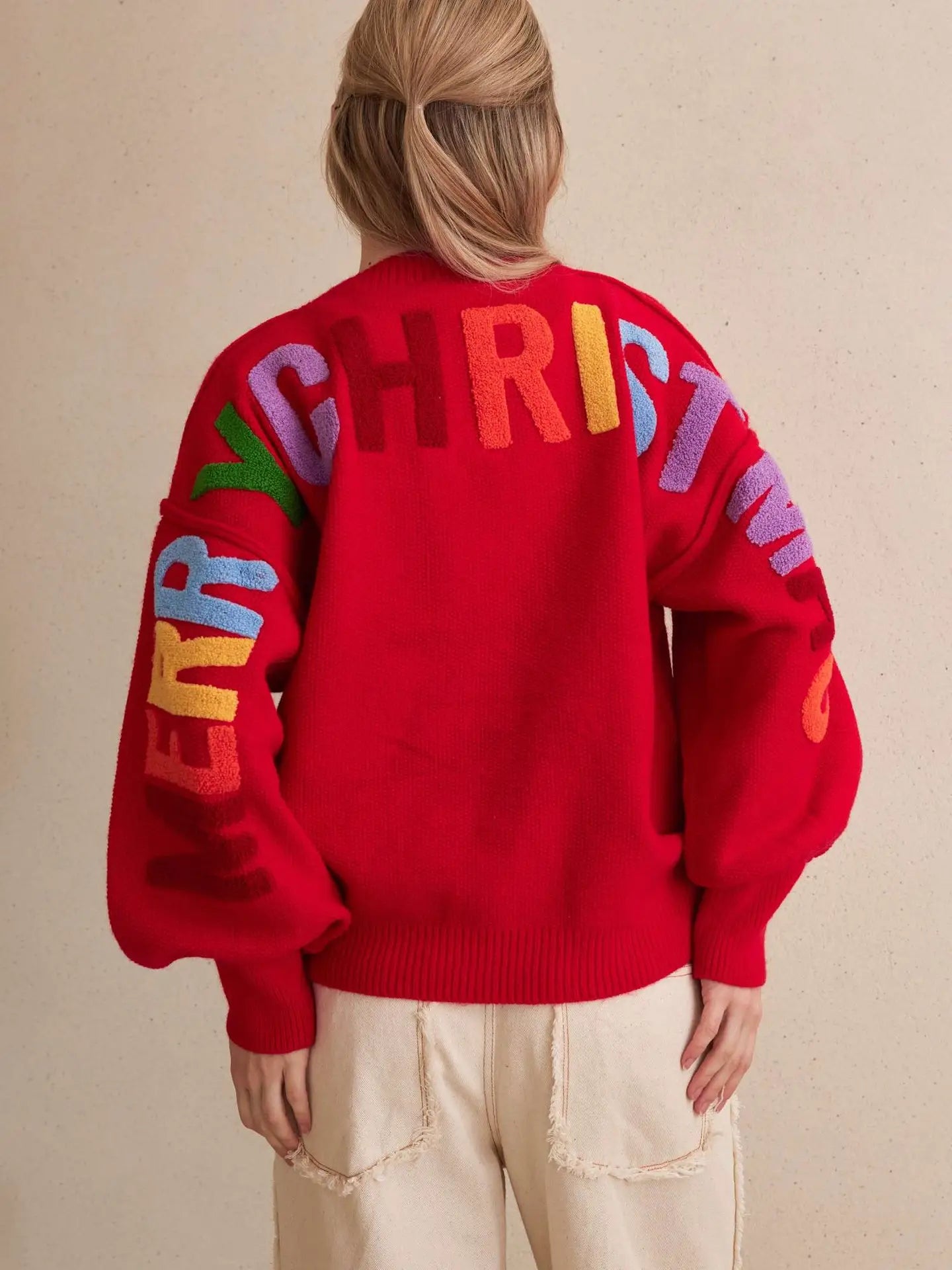 Oversized Christmas Sweater with Lettering - Red