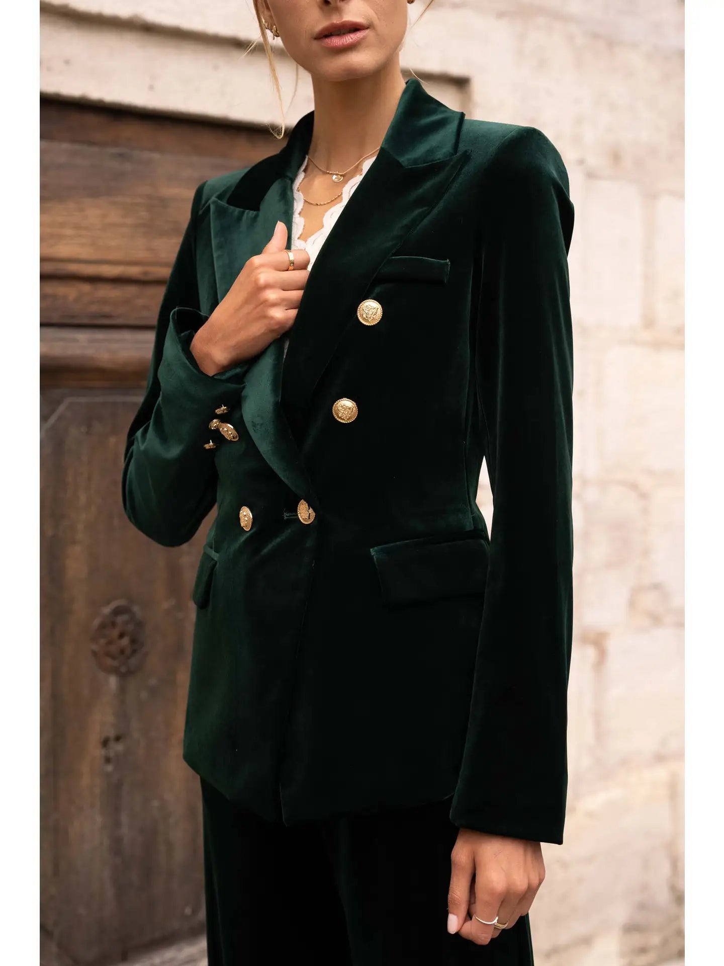 Double-Breasted Velvet Blazer w/ Gold Buttons - Green