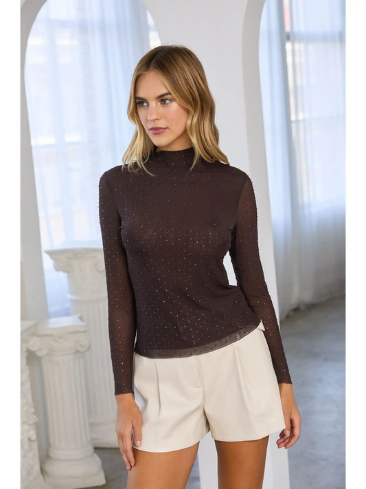 Rhinestone Embellished Mesh Mock Neck Top - Dark Chocolate