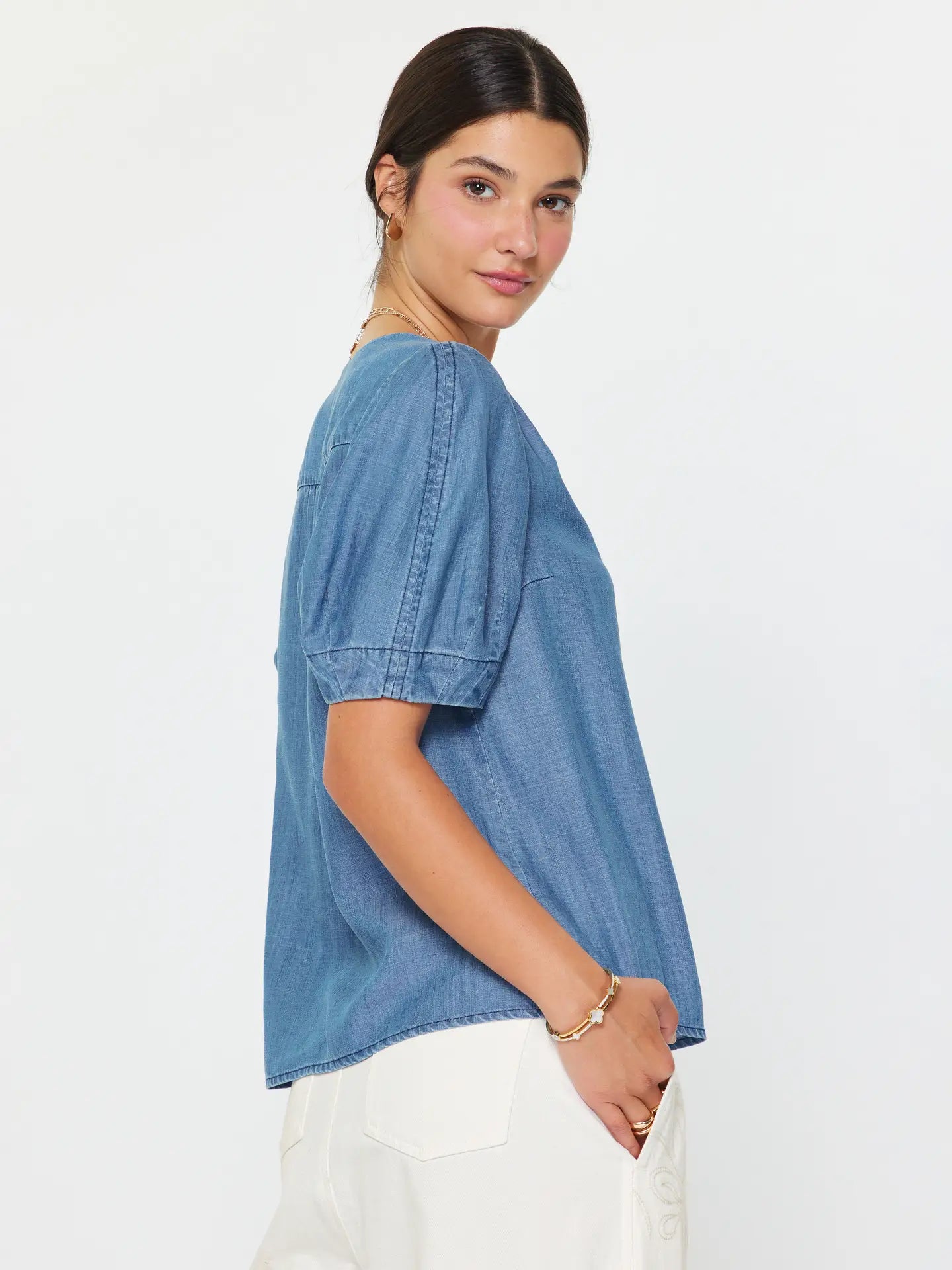 Chambray V-Neck Short Sleeve Blouse
