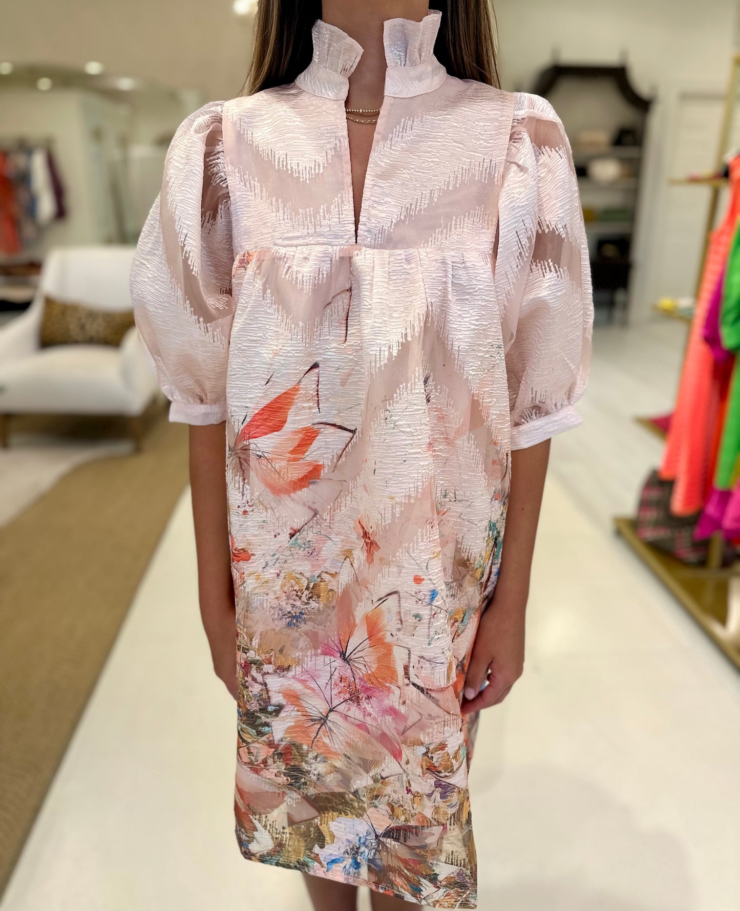 Jade High Neck Puff Sleeve Dress - Butterfly Garden