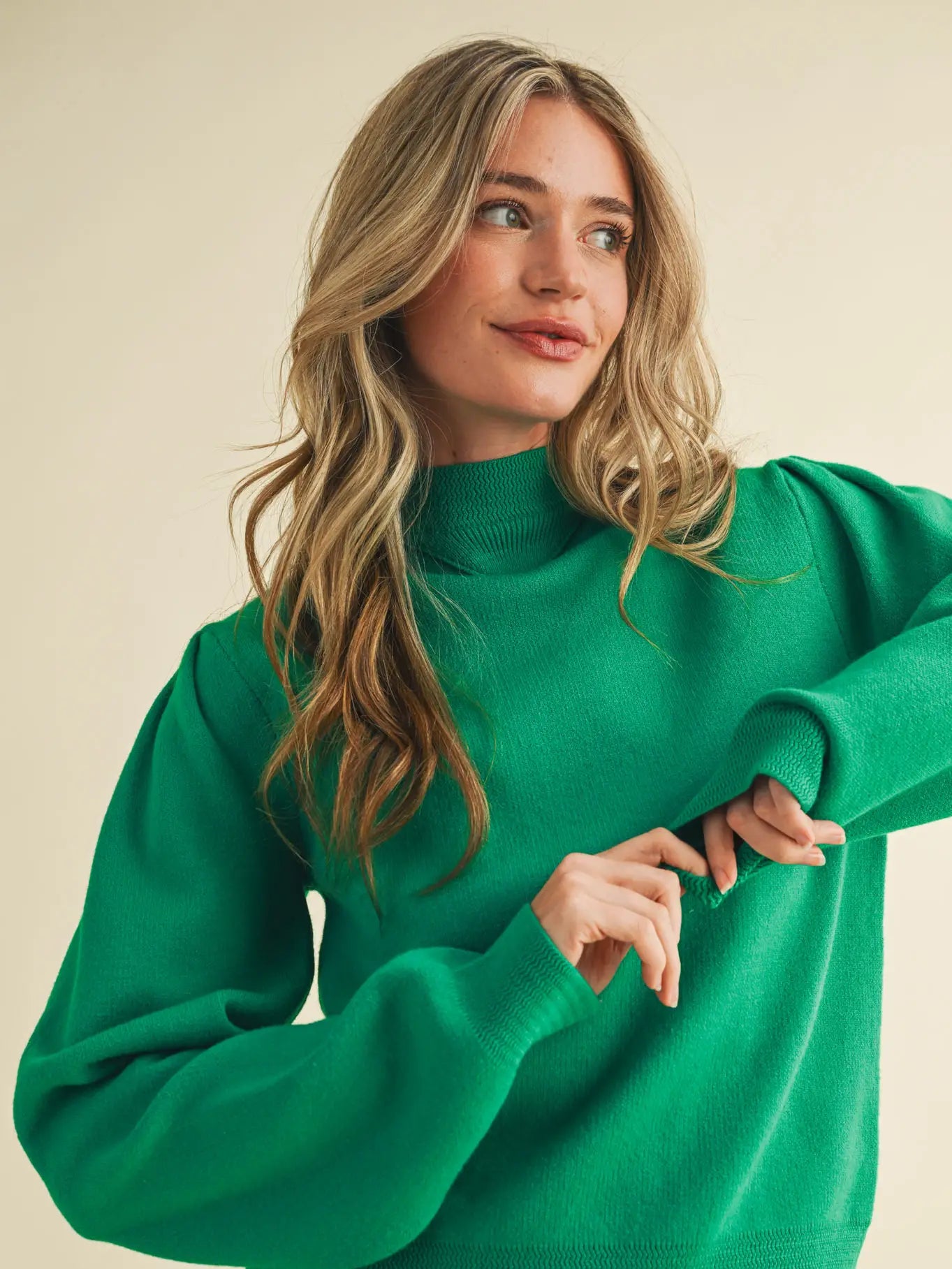 Mock Neck Puff Sleeve Sweater - Kelly Green